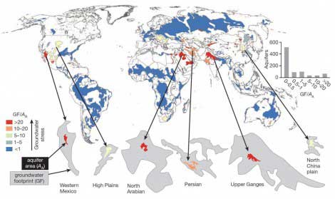 The colors in the aquifers show the health of the body of water. The closer to red, the worse the condition of the aquifer.